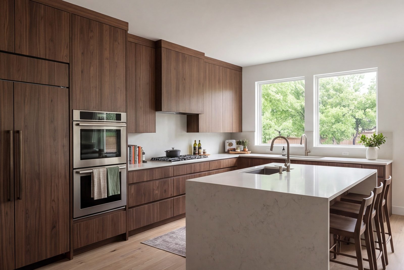 Wide view of a finished working kitchen with full-height cabinets, solid counters and room for two cooks