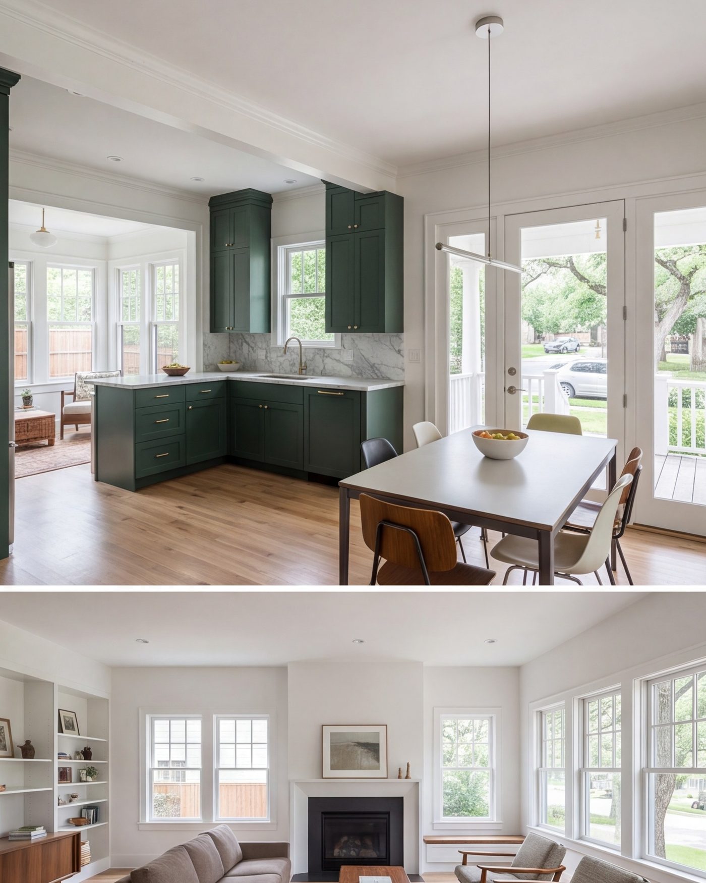 Open kitchen and dining room in a Riverside bungalow after the dividing wall was removed
