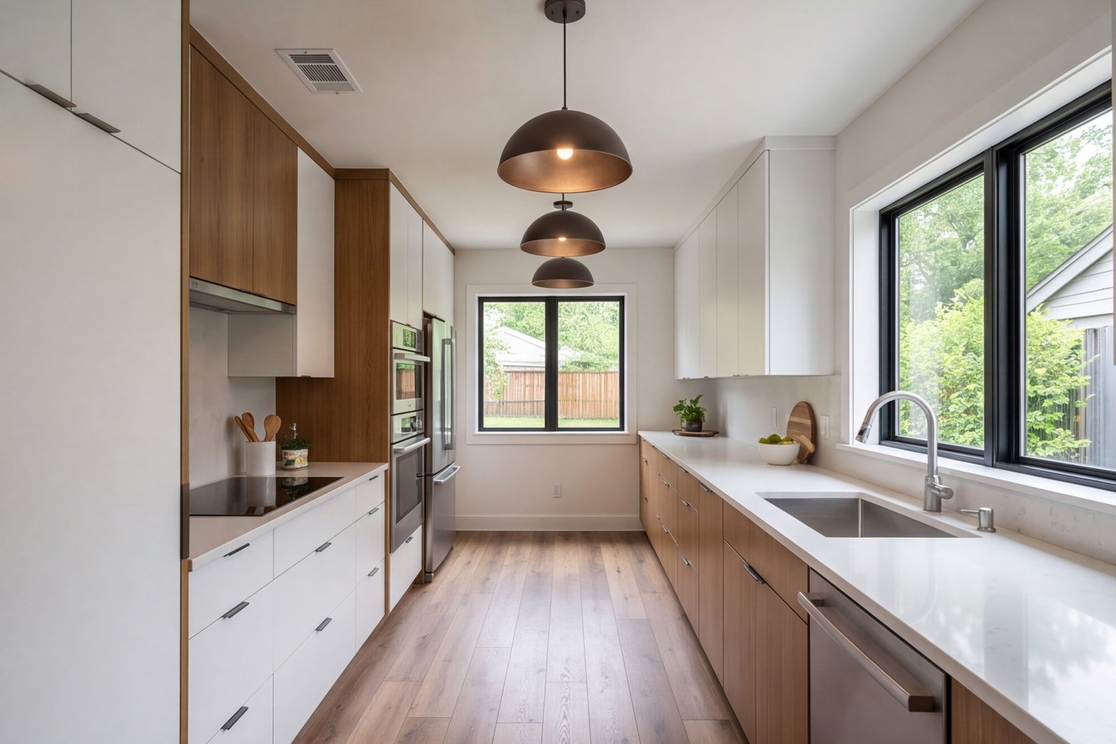 Oakhurst bungalow kitchen with a long counter run, pendant lights and a window over the sink