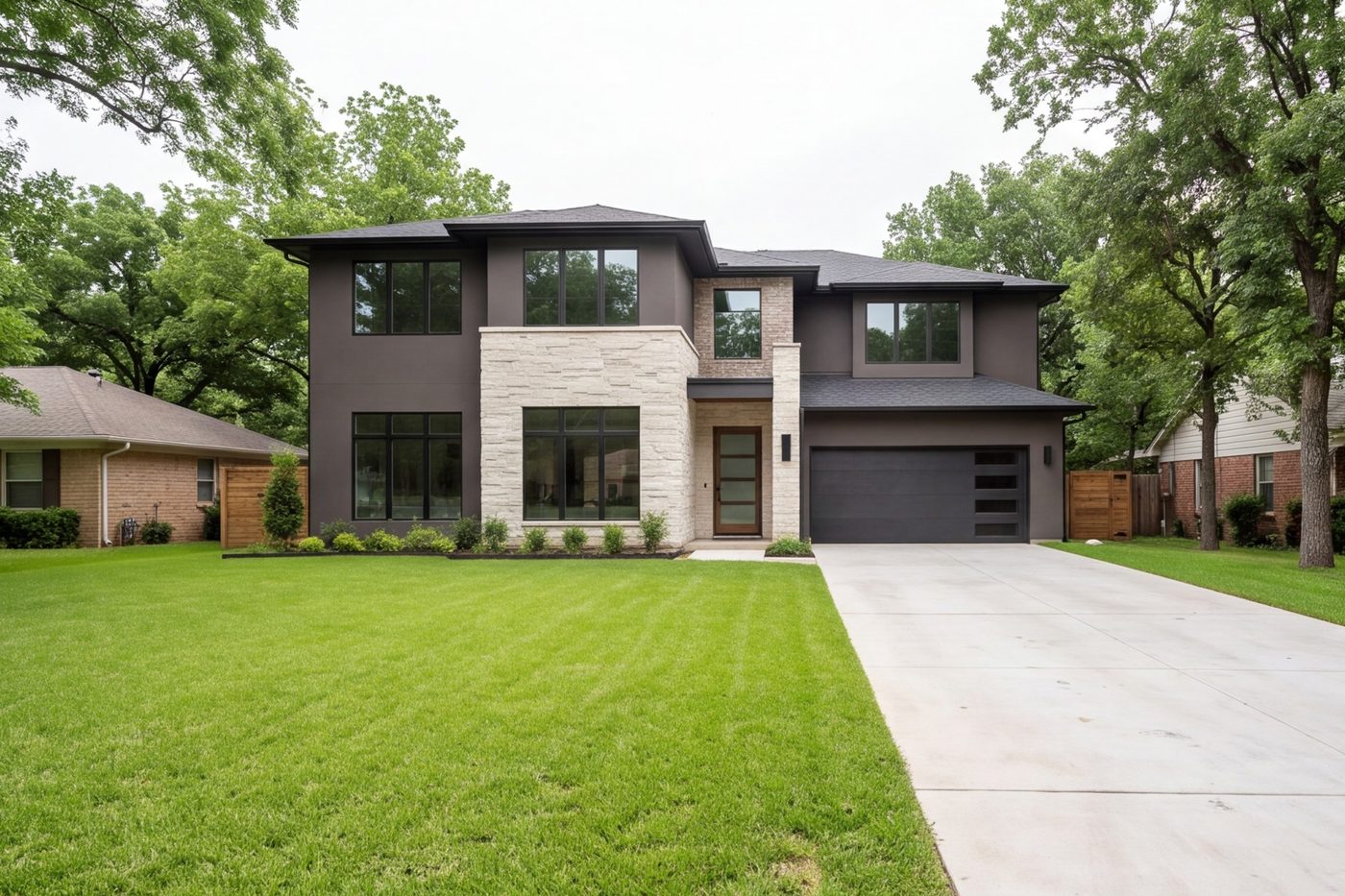 New modern custom home on a Fort Worth lot with driveway and lawn
