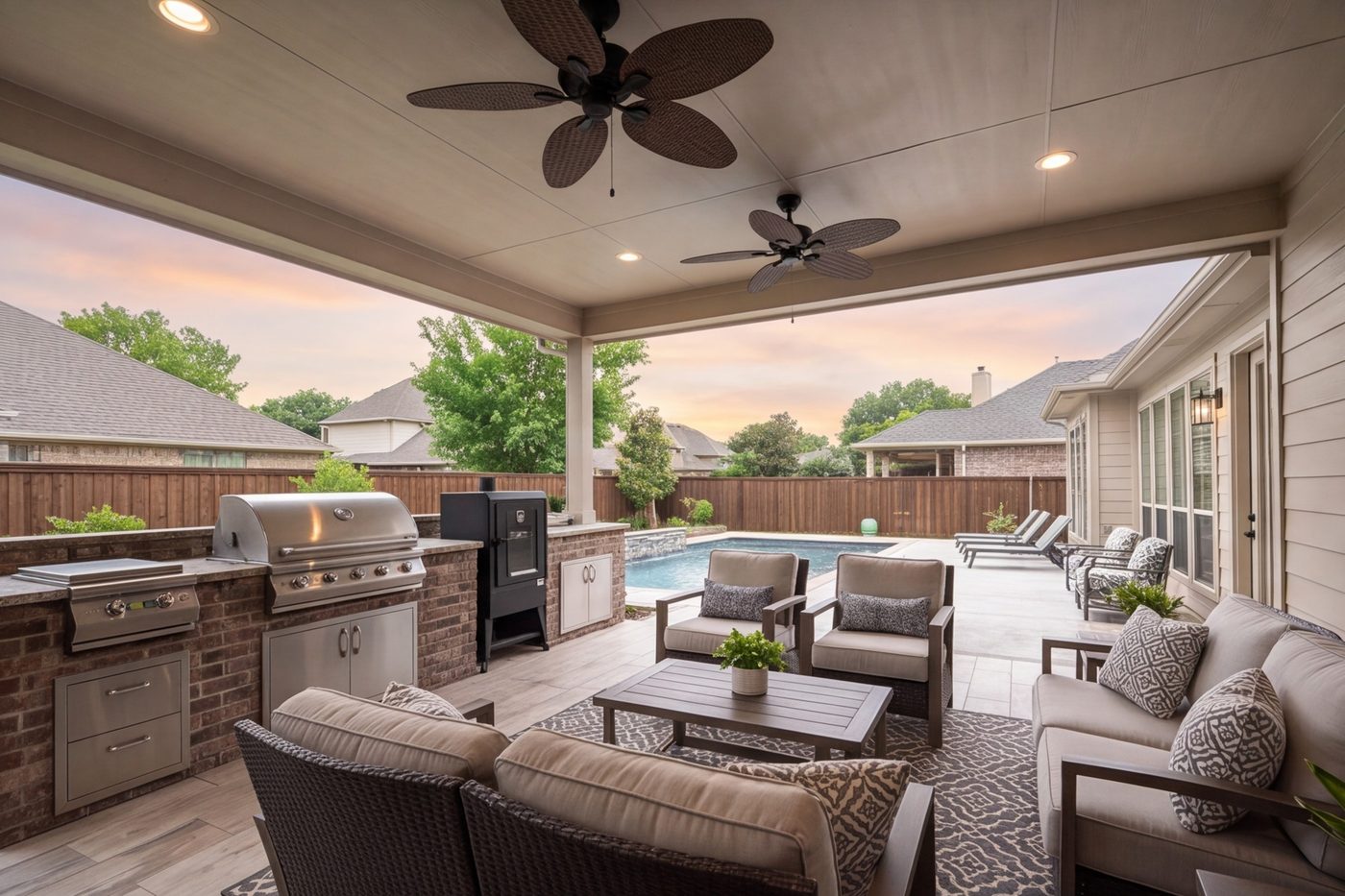 Covered patio with a cooking line, seating and ceiling fans on a Texas evening