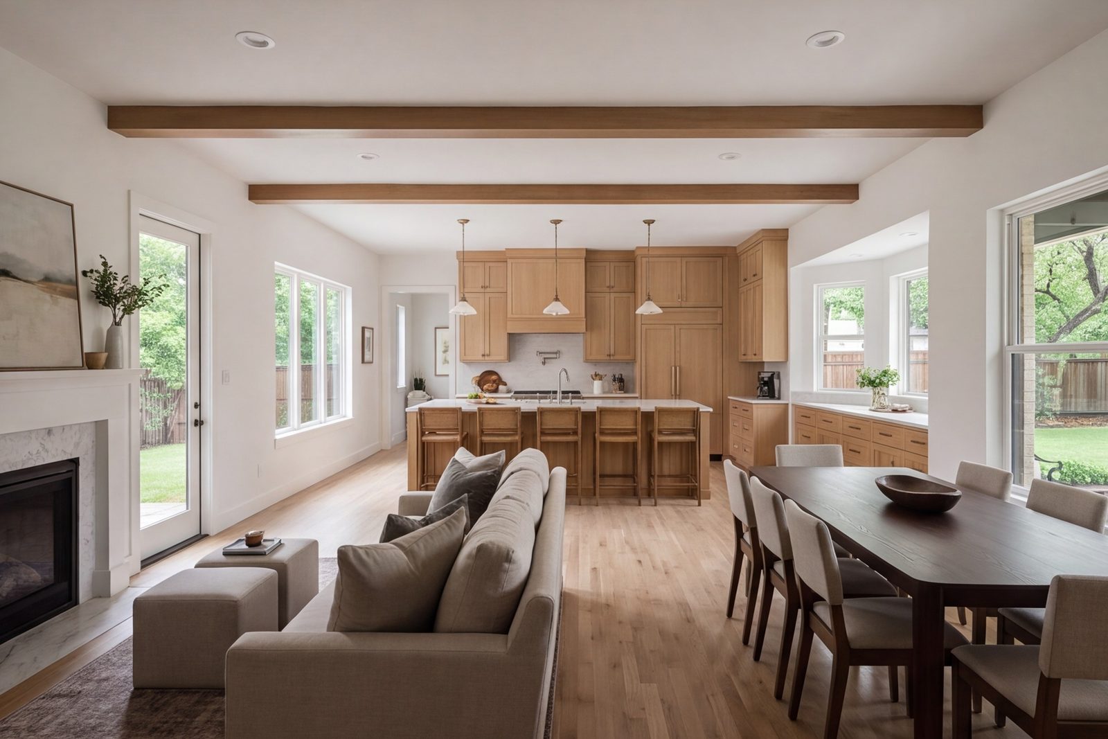Open-plan living room, dining area and kitchen in a remodeled older Fort Worth house